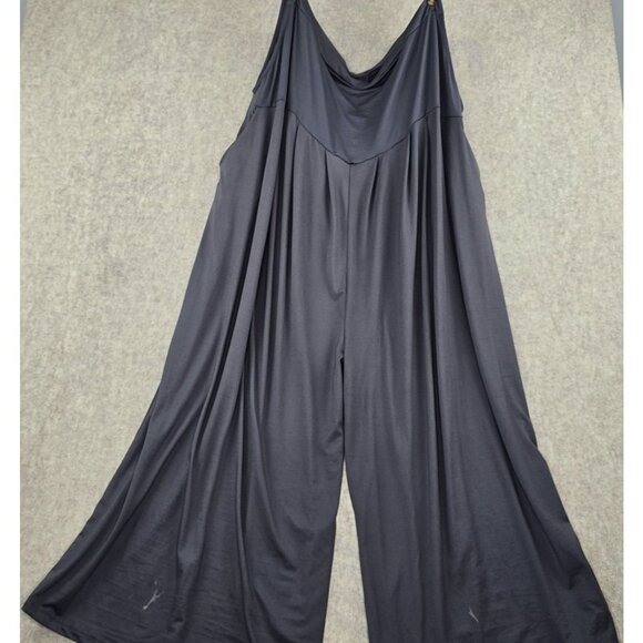 Long Wide-Leg Black Jumpsuit Size 7XL Polyester Blend Loose Fit Stretchy Fabric - Picture 1 of 10